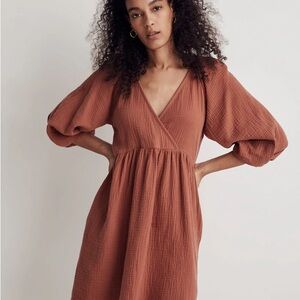Madewell Marianna Puff-Sleeve Mini Dress XL Ground Clove Rust Cotton Gauze boho